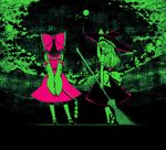  album_cover arms_behind_back bow broom cover detached_sleeves from_behind gohei green hair_bow hair_ribbon hakurei_reimu hand_on_headwear hat hat_bow kabayaki_unagi kirisame_marisa large_bow looking_back monochrome multiple_girls red ribbon smile spot_color standing touhou witch_hat 