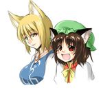  :d animal_ears blonde_hair brown_hair cat_ears chen earrings fang fox_ears happy hat jewelry lowres multiple_girls no_hat no_headwear open_mouth red_eyes short_hair simple_background smile tajima_yuuki touhou upper_body yakumo_ran yellow_eyes 