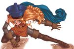  alena_(dq4) artist_request boots brown_dress cape dragon_quest dragon_quest_iv dress gloves hat pantyhose red_eyes red_hair solo 