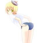  adjusting_buruma adjusting_clothes ass backlighting bent_over blonde_hair buruma hat lunasa_prismriver nigo_(aozoragarou) panties pantyshot shirt short_hair solo striped striped_panties t-shirt touhou underwear yellow_eyes 