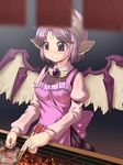  animal_ears apron blurry cooking depth_of_field food_stand grill hot mystia_lorelei noren pink_hair purple_eyes smile solo sweat touhou wings yatai you_naka 