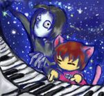  1girl 6_9 animal_ears cat_ears cat_tail instrument keyboard_(instrument) lowres madotsuki md5_mismatch piano_keys pink_shirt sekomumasada_sensei shirt tail yu-pan yume_nikki 