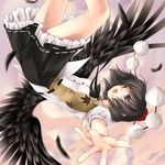  :d ayase_hazuki belt bird_wings black_bow black_hair black_neckwear black_skirt black_wings bow bowtie brown_eyes buttons cloud cloudy_sky feathered_wings feathers foreshortening hat kneepits leaf_print looking_away looking_up open_mouth outdoors outstretched_arms pom_pom_(clothes) puffy_short_sleeves puffy_sleeves shameimaru_aya shirt short_hair short_sleeves skirt sky smile solo tareme teeth thighs tokin_hat touhou upside-down white_shirt wings 