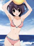  absurdres armpits arms_up ball bikini brown_eyes copyright_request day fang fumio_(ura_fmo) highres ocean plaid plaid_bikini purple_hair solo swimsuit water 