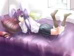  animal_ears artist_request bed bunny_ears chin_rest chips food kneehighs legs_up long_hair lying mouth_hold on_bed on_stomach purple_eyes purple_hair reisen_udongein_inaba skirt solo touhou 