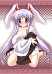  animal_ears bare_shoulders blush bunny_ears embarrassed feet gonzaburo halftone halftone_background long_hair open_mouth purple_hair red_eyes reisen_udongein_inaba sandals sitting solo touhou undressing wariza 