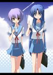  akane_souichi asakura_ryouko bad_id bad_pixiv_id bag blue_eyes blue_hair blue_sailor_collar bookbag food kita_high_school_uniform long_hair multiple_girls nagato_yuki orange_eyes popsicle purple_hair sailor_collar school_uniform serafuku short_hair suzumiya_haruhi_no_yuuutsu 