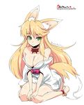  animal_ears anklet barefoot bell breasts cleavage copyright_request fox_ears fox_tail green_eyes japanese_clothes jewelry large_breasts oekaki onija_tarou orange_hair solo tail torii 