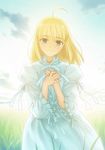  ahoge artoria_pendragon_(all) bangs blonde_hair blush closed_mouth cloud cowboy_shot day dress eyebrows_visible_through_hair fate/stay_night fate_(series) frilled_sleeves frills game_cg grass green_eyes hair_down hands_on_own_chest happy long_sleeves looking_at_viewer meadow medium_hair nature own_hands_together saber sky smile solo takeuchi_takashi tears w_arms white_dress 