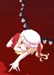  blonde_hair crystal demon_wings dress expressionless flandre_scarlet foreshortening full_body hat looking_to_the_side lying mamoru_(arizona) mob_cap on_stomach outstretched_arm puffy_short_sleeves puffy_sleeves red_background red_dress red_eyes short_sleeves simple_background solo touhou vampire wings 