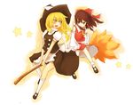  black_hair blonde_hair broom broom_riding detached_sleeves hakurei_reimu hat kirisame_marisa kokotetsu multiple_girls multiple_riders red_eyes touhou yellow_eyes 