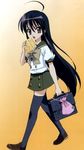  ahoge alastor_(shakugan_no_shana) artist_request bag black_hair black_legwear bread food jewelry long_hair lowres melon_bread pendant school_bag school_uniform shakugan_no_shana shana thighhighs walking 