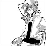  artist_request border cranidos gen_4_pokemon greyscale gym_leader hand_behind_head helmet hyouta_(pokemon) lowres male_focus mining_helmet monochrome oekaki pokemon pokemon_(creature) pokemon_(game) pokemon_dppt solo 