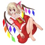  arm_at_side ascot bad_id bad_pixiv_id barefoot blonde_hair blush fangs flandre_scarlet full_body hair_ribbon hand_on_own_chest hiruno knees_up looking_at_viewer lowres lying medium_hair no_hat no_headwear on_back one_side_up open_mouth pink_ribbon puffy_short_sleeves puffy_sleeves red_eyes red_skirt red_vest ribbon shirt short_sleeves simple_background skirt skirt_set smile solo tongue tongue_out touhou vest white_background white_shirt wings yellow_neckwear 
