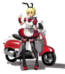  animal_ears apron blonde_hair bunny_ears contrapposto copyright_request garter_straps ground_vehicle holding kamdia maid motor_vehicle necktie scooter short_hair solo standing thighhighs 