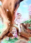  bad_id bad_pixiv_id cherry_blossoms hair_ribbon highres in_tree iris_(latale) kgr latale long_hair multiple_girls petals pink_eyes ribbon sitting sitting_in_tree smile thighhighs tree white_hair 