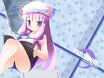  black_school_swimsuit book bow hat kagura_yuuki long_hair name_tag one-piece_swimsuit patchouli_knowledge pink_bow school_swimsuit solo swimsuit touhou 