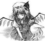  all_fours arm_support bow bowtie crystal dress flandre_scarlet frills greyscale hat looking_at_viewer misana mob_cap monochrome outstretched_arms simple_background solo touhou white_background wings wrist_cuffs 