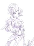  armor bow breasts cleavage collarbone dark_elf dark_elf_(lineage_2) elf highres large_breasts lineage lineage_2 monochrome navel pointy_ears ponytail purple sketch smile solo tenmaso 