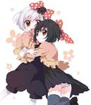  black_hair bow bug hair_bow multiple_girls namori oekaki original panties polka_dot puffy_pants red_eyes short_hair spider striped striped_panties thighhighs underwear white_hair 