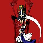  alternate_weapon covering covering_mouth green_hair hair_bobbles hair_ornament hat mouth_hold multiple_girls nabeshima_tetsuhiro one_eye_closed onozuka_komachi red_eyes red_hair ribbon rod_of_remorse scythe shiki_eiki short_hair sitting skirt throne touhou two_side_up weapon 