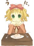  blonde_hair bow food fork green_eyes hina_ichigo ichigo_daifuku noripachi pink_bow ribbon rozen_maiden solo spoon unyu wagashi 