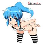  bent_over bikini blue_eyes blue_hair copyright_request oekaki onija_tarou ponytail side-tie_bikini solo striped striped_bikini striped_legwear swimsuit thighhighs 