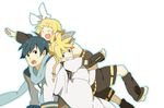  2boys :d :o ^_^ ^o^ belt blonde_hair blue_eyes blue_hair brother_and_sister closed_eyes coat detached_sleeves hairband hayato_(meromoni) kagamine_len kagamine_rin kaito long_sleeves multiple_boys open_mouth outstretched_arm sailor_collar scarf school_uniform serafuku shoes short_hair shorts siblings smile twins vocaloid 