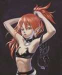  adjusting_hair armpits belt choker diolemonde disgaea dressing earrings elbow_gloves etna eyelashes flat_chest gloves jewelry long_hair makai_senki_disgaea midriff pointy_ears ponytail realistic red_eyes red_hair solo 