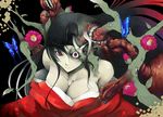  bare_shoulders black_hair breasts bug butterfly cleavage copyright_request eyeball flower insect japanese_clothes kimono large_breasts red_eyes solo sts surreal teeth 