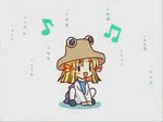  animated animated_gif beamed_eighth_notes eighth_note hat lowres mochiya_marosuke moriya_suwako musical_note silver_forest solo squatting thighhighs touhou 
