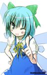  bow cirno face one_eye_closed ryuuryuu smile solo touhou 