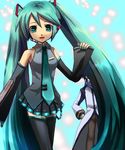  1girl aqua_background aqua_hair bad_id bad_pixiv_id detached_sleeves hatsune_miku kaito kirita_(noraring) long_hair necktie thighhighs twintails very_long_hair vocaloid 