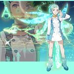  1girl aqua_hair boots choker collar eureka eureka_seven eureka_seven_(series) hair_ornament hairclip legs short_hair solo standing white_footwear zoom_layer 