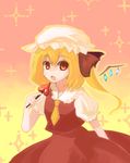  bad_id bad_pixiv_id blonde_hair crystal flandre_scarlet frilled_shirt_collar frills gradient gradient_background hair_ribbon hat holding kame long_hair looking_at_viewer lowres mob_cap necktie one_side_up open_mouth pink_background puffy_short_sleeves puffy_sleeves red_eyes red_ribbon red_skirt red_vest ribbon short_sleeves skirt skirt_set solo sparkle touhou vest wings yellow_background yellow_neckwear 
