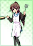  akane_souichi apron bad_id bad_pixiv_id blue_sailor_collar brown_eyes brown_hair cooking frying_pan genderswap genderswap_(mtf) kita_high_school_uniform kyonko ponytail sailor_collar school_uniform serafuku solo spatula suzumiya_haruhi_no_yuuutsu sweatdrop thighhighs 