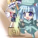  2girls blue_eyes blue_hair chibi green_eyes green_hair gun hat katami_shinta kawashiro_nitori lowres multiple_girls rod_of_remorse shiki_eiki short_hair touhou two_side_up weapon 