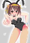  animal_ears brown_hair bunny_ears bunnysuit face kishida-shiki pantyhose pointing short_hair solo suzumiya_haruhi suzumiya_haruhi_no_yuuutsu 