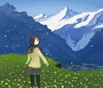  bad_id bad_pixiv_id black_hair copyright_request flower inase landscape mountain pantyhose petals scenery school_uniform solo 