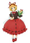  blonde_hair blue_eyes bow bowtie bubble_skirt dress flower hair_ribbon hairband lily_of_the_valley looking_at_viewer medicine_melancholy puffy_short_sleeves puffy_sleeves red_bow red_dress red_neckwear red_ribbon ribbon shikai_(iesiki_56) short_hair short_sleeves simple_background skirt solo su-san touhou white_background 
