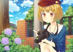  blonde_hair blush brown_eyes camera cloud day flower frog hat highres house hydrangea jewelry kazushiki_midori lens looking_down necklace original short_hair sky smile snail solo squatting strap wet 