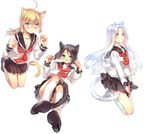  :o animal_ears artoria_pendragon_(all) black_hair blonde_hair blue_eyes blush brown_eyes cat_ears cat_tail fang fate/zero fate_(series) hisau_maiya irisviel_von_einzbern jumping long_hair multiple_girls nicohi open_mouth paw_pose saber school_uniform serafuku short_hair silver_hair skirt smile tail 