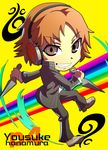  bad_id bad_pixiv_id brown_eyes brown_hair character_name chibi copyright_name grin hanamura_yousuke jacket jinkai_yamizawa knife looking_at_viewer male_focus pants persona persona_4 persona_4:_the_ultimate_in_mayonaka_arena rainbow school_uniform shoes smile solo spiked_hair weapon 