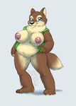  2012 :3 anthro big_breasts black_nose blue_eyes breasts brown_fur canine chubby claws clothing copper copper_(zedd) cream_fur drjavi female fur mammal nipples overweight puffy_nipples pussy simple_background smile solo standing vest wolf 