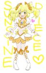  absurdres blonde_hair boots bow brooch character_name choker color_connection cosplay cure_peace cure_sunshine cure_sunshine_(cosplay) datemaki_yamai eyelashes full_body hair_flaps heart heartcatch_precure! highres jewelry kise_yayoi knee_boots long_hair magical_girl midriff navel orange_choker precure puffy_sleeves ribbon smile smile_precure! solo twintails typo white_background wrist_cuffs yellow yellow_bow yellow_eyes 