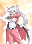  belt breasts cleavage coat cosplay fingerless_gloves fujiwara_no_mokou gloves hair_ribbon highres houtengeki medium_breasts pants ponytail pose ribbon rugal_bernstein rugal_bernstein_(cosplay) smile solo the_king_of_fighters touhou 