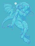  barefoot breasts claws darkstalkers dragon felicia_(darkstalkers) female fydbac hair hindpaw long_hair monochrome paws plain_background scalie smile solo toes video_games wings 
