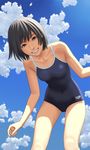  brown_eyes cloud day fangs grey_hair grin leaning_forward looking_at_viewer magenta_color one-piece_swimsuit original school_swimsuit short_hair sky smile solo swimsuit 