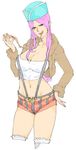  1girl blue_eyes breasts cleavage eating female food fur_coat hand_on_hip hat highres hips jacket jewelry_bonney kyura9een kyura_(kyura9een) large_breasts looking_at_viewer midriff one_piece pants piercing pink_hair pizza shirt shorts simple_background solo striped striped_clothes striped_pants striped_shorts suspenders thighhighs tongue white_shirt 