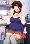  1girl amagami breasts brown_eyes brown_hair cake eating fat food frosting fruit highres icing large_breasts plump sakurai_rihoko skirt strawberry thighhighs zettai_ryouiki 